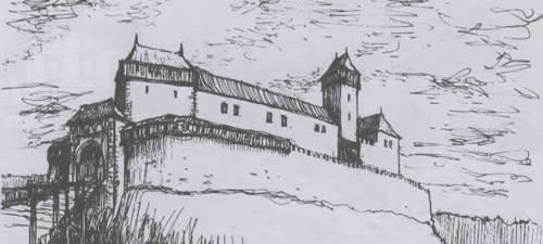 Obr.5- podoba hradu podle navržených půdorysů, kresba Dr.J. Bartoň.