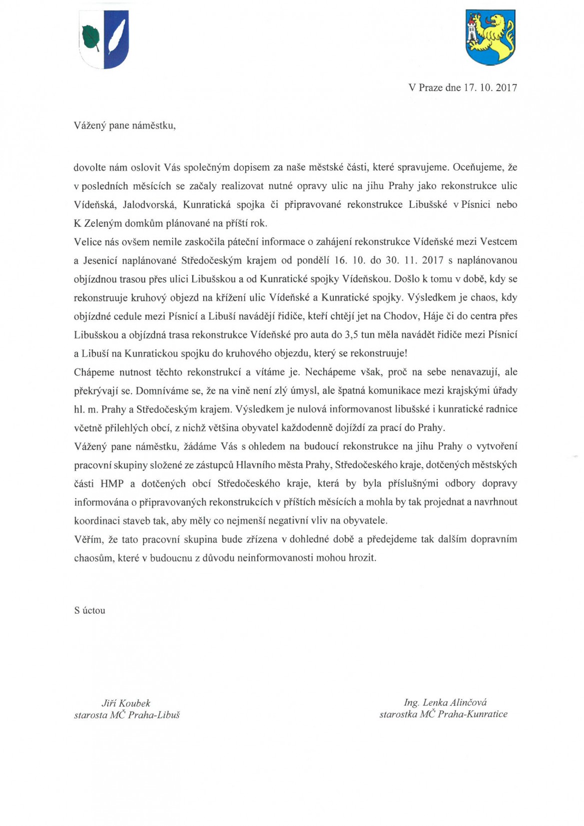 Dopis se žádostí o koordinaci staveb silnic v k.ú. Kunratice Dopis se žádostí o koordinaci staveb silnic v k.ú. Kunratice