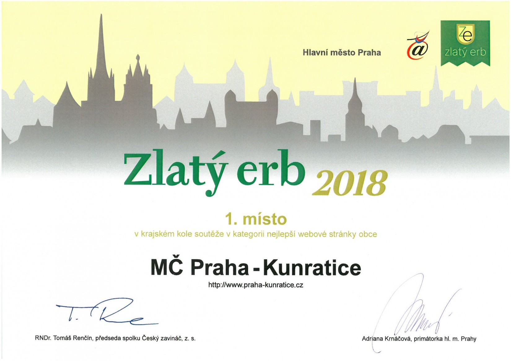 MČ Praha - Kunratice obhájila 1. místo v krajském kole soutěže Zlatý erb 2018 v kategorii nejlepší webové stránky obce MČ Praha - Kunratice obhájila 1. místo v krajském kole soutěže Zlatý erb 2018 v kategorii nejlepší webové stránky obce