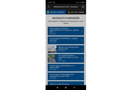 Aktuality k odpadům - snímek mobilní aplikace