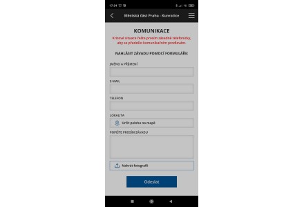 Hlášení závad na komunikaci - snímek mobilní aplikace