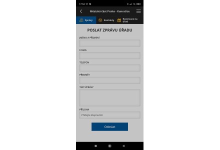 Odeslání zprávy úřadu - snímek mobilní aplikace