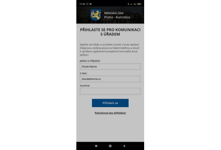 Možnost identifikace uživatele - snímek mobilní aplikace