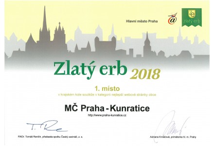 MČ Praha - Kunratice obhájila 1. místo v krajském kole soutěže Zlatý erb 2018 v kategorii nejlepší webové stránky obce